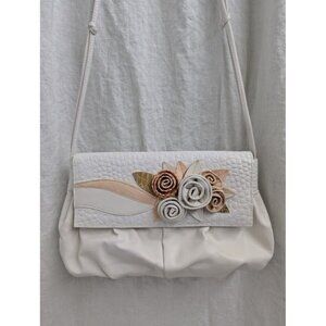 2 bags by Sylvia Cee vintage 1980s floral purse, white peach pink 44" strap P6